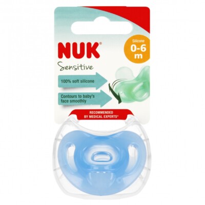 4008600398233 NUK Smoczek uspokajający silikonowy 0-6m Sensitive niebieski 10729