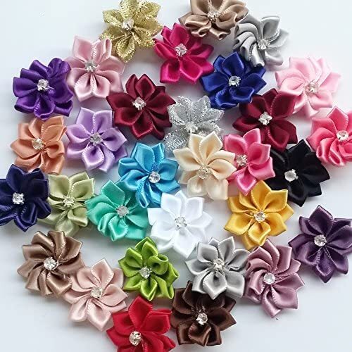 40 Roses Satin Avec Strass – Appliques Fleurs Ruban Argent Pour Mariage, Déco