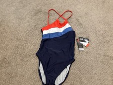 NWT Speedo Padded Top Size 8 Red,White  Blue HOLO Logo Swimsuit 1pc Pool 80