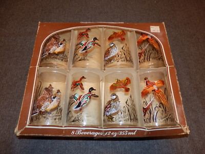 ANCHOR HOCKING 8 PIECE DRINKING 12oz GLASS SET GAME BIRDS PRE-OWNED NEVER USED