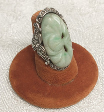 Antique Chinese Hand-Carved Apple Green Jade/Jadeite Sterling Ring Size 4.25