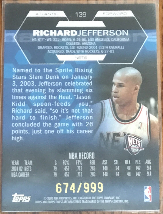 2002-03 Topps Finest Jersey Richard Jefferson #139 New Jersey Nets #’d 674/999 - Image 2 of 2