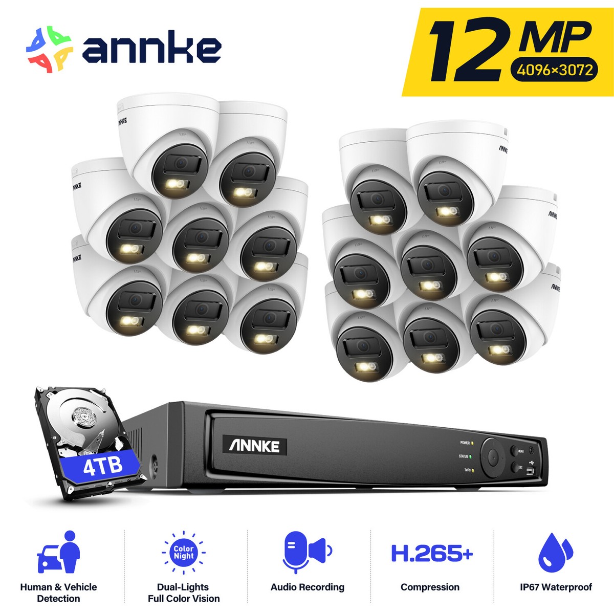 ANNKE 12MP PoE Security Camera System Color Night 16CH NVR Audio Recording  IP67