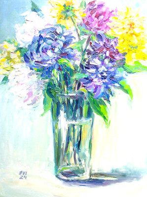 Chrysantheme in Vase Original Ölgemälde Stillleben Wandbild Leinwand 12x16 Zoll