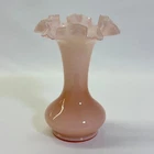 Fenton Pink Overlay Ruffled Vase Milk Glass Crimped Rim Vintage 7 3/4"