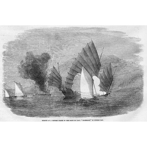 CHINA Chinese Pirate Pursued by HMS Racehorse in Pinghai Bay-Antique Print 1855