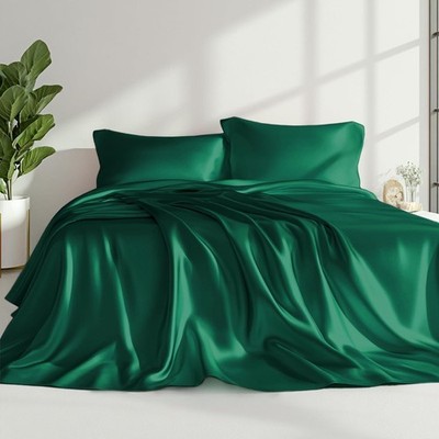 Queen Size Satin Sheet Set - 4 Piece Dark Green Deep Pocket Silk Sheets