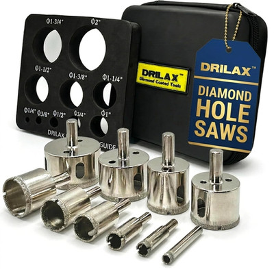 Drilax Diamond Hole Saw Kit for Tile and Glass, 10 Pc Drill Bit Set 1/4 to 2 Inc