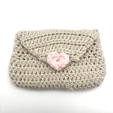 Handmade Gray Acrylic Yarn Crochet Envelope w/ Heart Closure Mini Pouch 6.25x4"