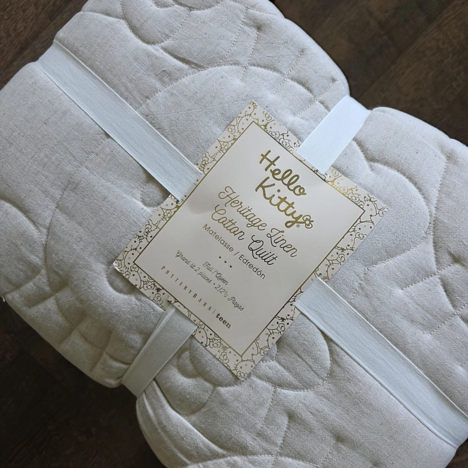 POTTERY BARN TEEN HELLO KITTY Heritage lino algodón f/q edredón y 2 piezas juego de farsa Foto 4 de 4