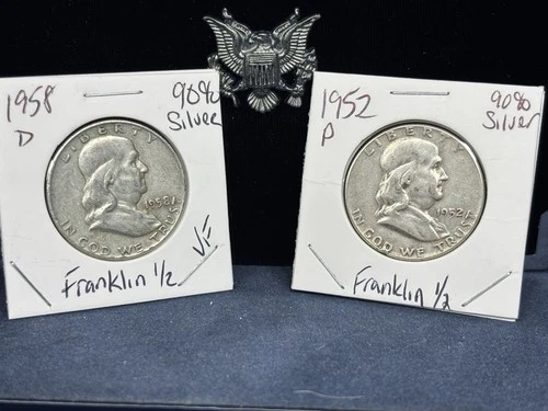 US 90% Silver 1952 P & 1958 D Franklin Half Dollars AU – Nice Book Fillers
