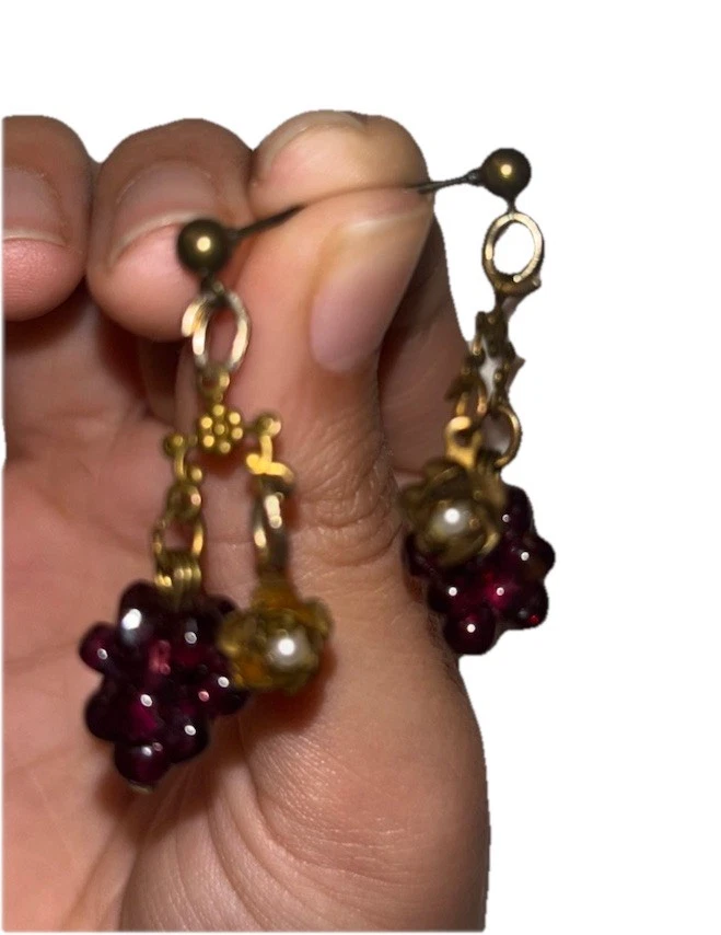 RARE Victorian era Drop Chandelier Grape Garnet Flower Pearl Earrings Women Gold - Image 2 of 4