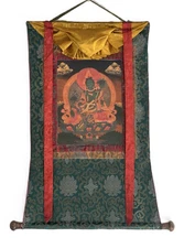 ORIGINAL GREEN TARA OLD OIL VARNISHED TIBETAN THANGKA PAINTING WITH SILK BROCADE