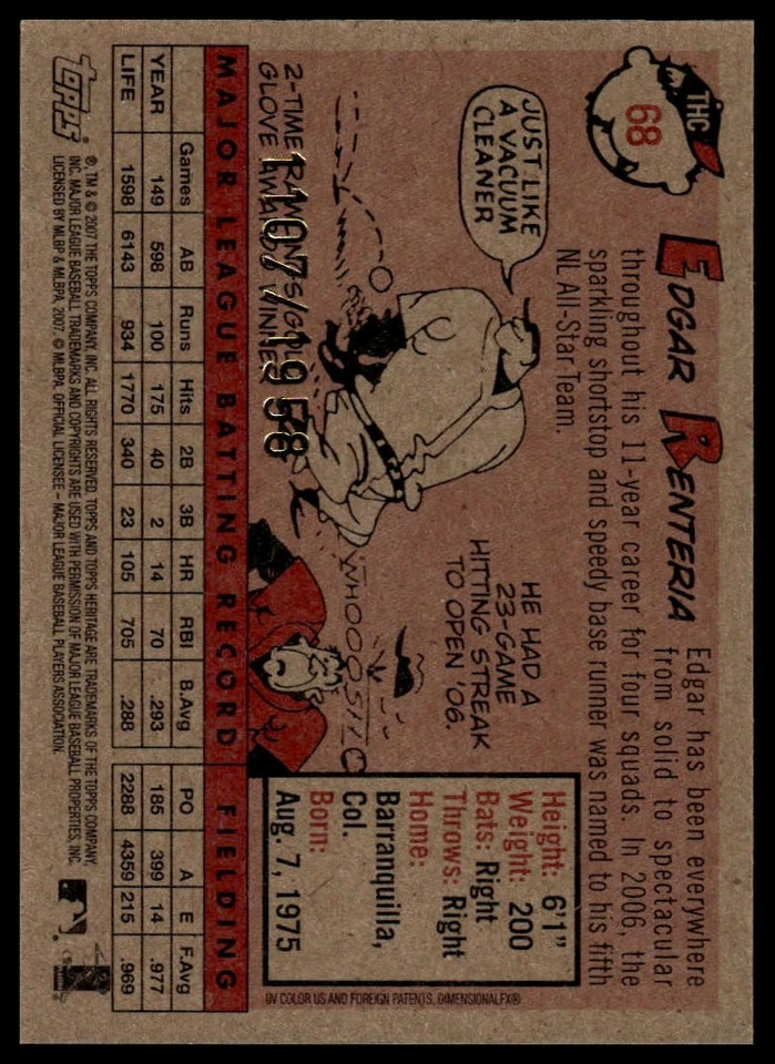 2007 Topps Heritage #THC68 Edgar Renteria Chrome #/1958 - Image 2 of 2