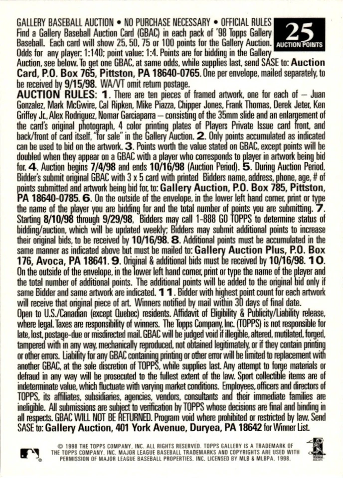 1998 Topps Gallery Player's Private Issue Auction Point Mariano Rivera New York - Image 2 of 2