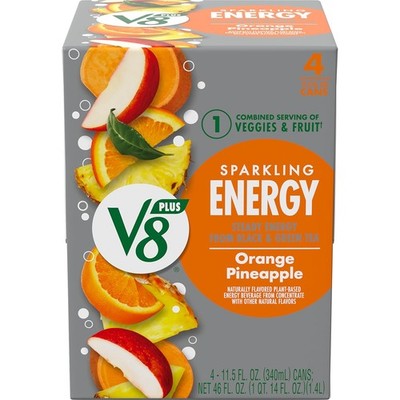 V8 +Energy Sparkling Orange Pineapple Juice Energy Drink, 11.5 fl oz Can (4 Pack