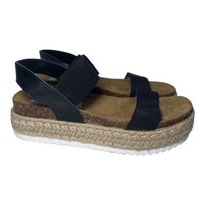 Steve Madden Sandal Womens Black Platform Espadrille Braided Jute Cork Footbed