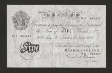 GREAT BRITAIN 5 Pounds 1950, P-344 B270 Beale, White Fiver, Superb Original VF+.
