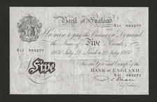 GREAT BRITAIN 5 Pounds 1950, P-344 B270 Beale, White Fiver, Superb Original VF+.