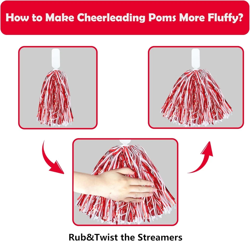 18PCS Cheerleading Pom Poms Metallic Foil Plastic with Red and White  - Image 3 of 4