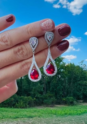 13Ct Pear Natural Red Ruby & Certified Diamond Earring 14K Solid White Gold