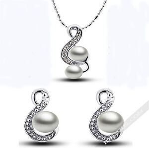 Halskette + Anhänger + Ohrringe 3er Set Diamant Damen Schmuck Mode Perlen Silber