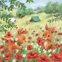 20 Servietten Summer Camp Hasen Tiere Mohnblumen Wiese Camping Niedlich 33X33Cm