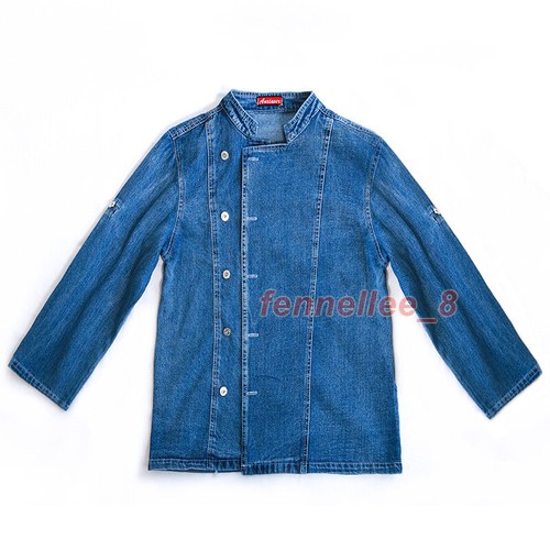 Unisex Chef Jacket Long Sleeve Cook Coat Men Women Denim Kitchen Uniform Suit - Picture 4 of 15
