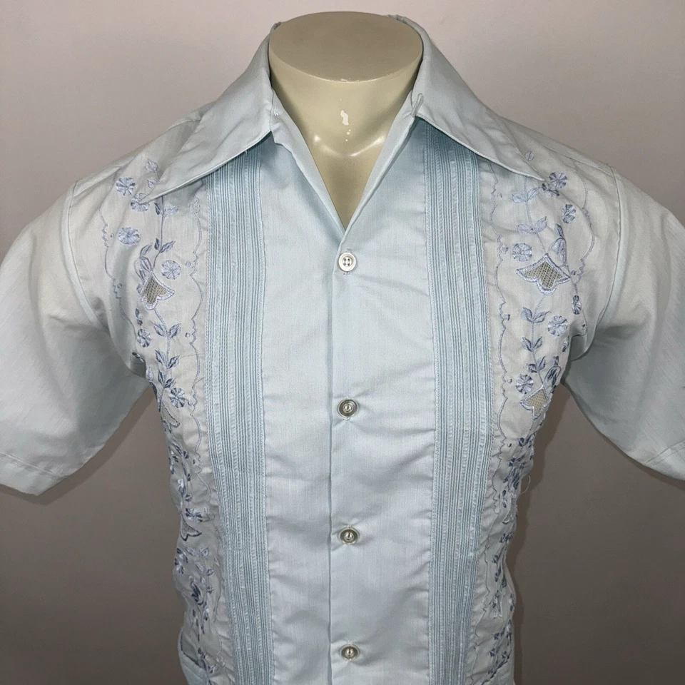 Vtg 60s 70s Guayabera Shirt Mens Loop Collar Embroidery Rat Pack Wedding Medium - Image 3 of 4