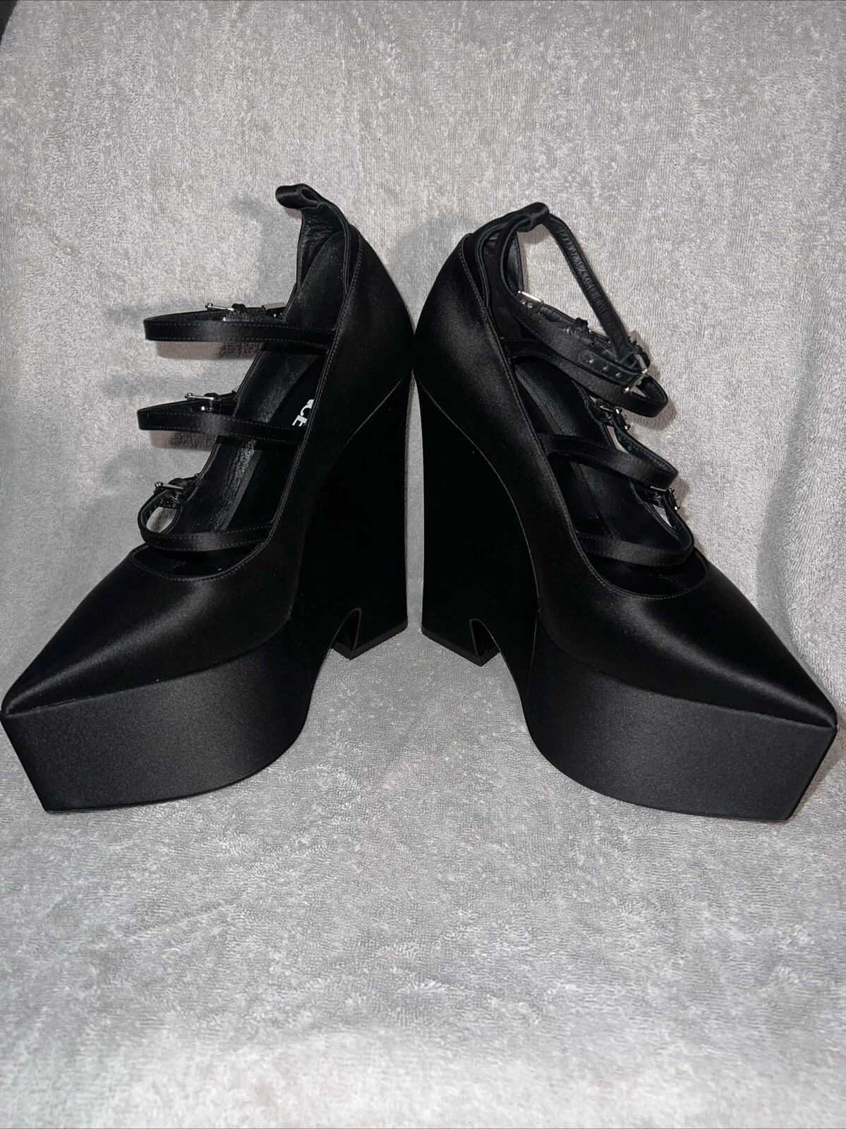 NUOVE scarpe décolleté con plateau Versace Tempest nere a punta raso taglia 39 5 US 9 5