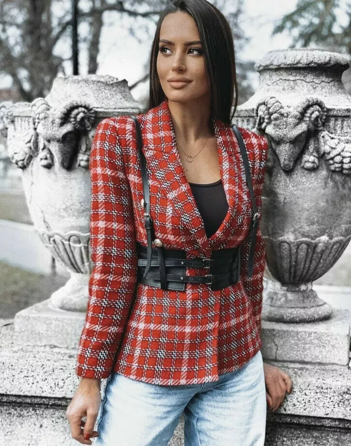 ZARA NWT FW20 WOMAN DOUBLE BREASTED CHECK BLAZER JACKET RED BLACK 8867 690