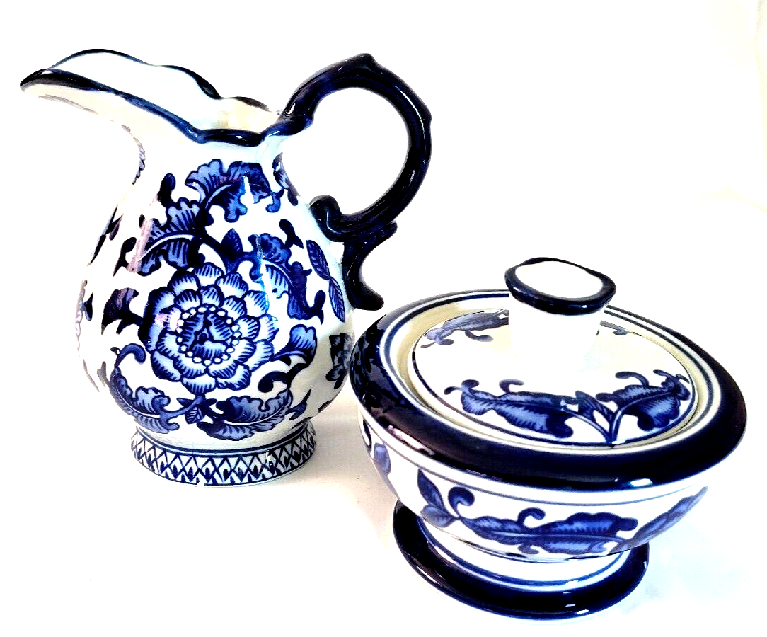 Ceramic Floral Blue and White Sugar & Cream Set The Bombay Company eBay