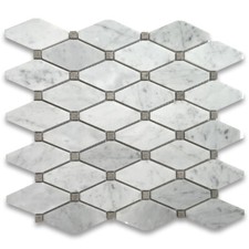 C833XP Long Octave Rhomboid Carrara Marble Mosaic Tile w/ Gray Dots Polished