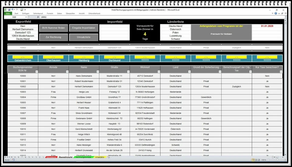 Belegungsbuch Hotel Campingplatz Zeltplatz Belegungsplan Rechnungssoftware Excel