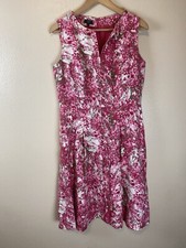 Talbots 8P Floral Dress Garden Party Wedding 100% Linen Pink Pleated Knee Length