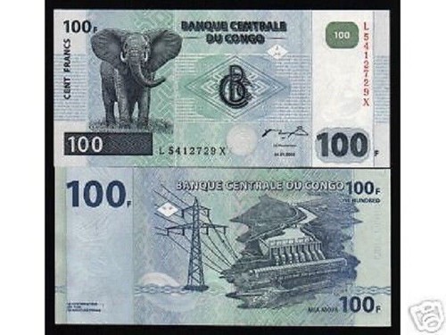 CONGO DR. AFRICA 100 FRANCS P92 2000 Single Prefix ELEPHANT DAM UNC Animal NOTE - 第 1/1 張圖片