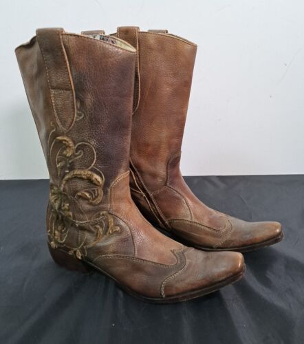 Mark Nason SIREN Boots Brown Leather Western Side Zip Embroidered Women's UK 5 - Picture 1 of 24