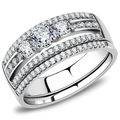 Stainless Steel 3 Round CZ & Accents Wedding Engagement Promise Band 2 Ring Set