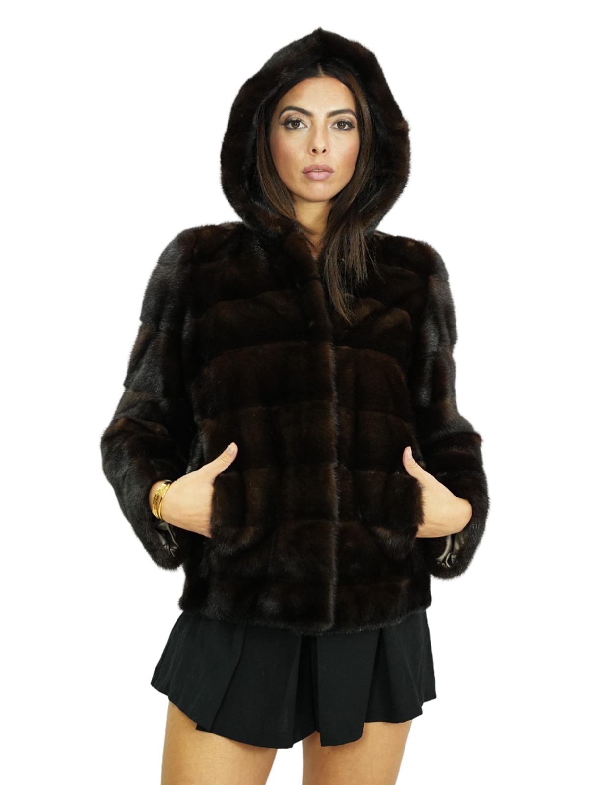 Mahogany mink fur jacket 46-66cm long with horizontal knit and long sleeves-image