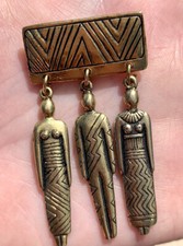 Laurel Burch Tribal Women Man Drop Brooch Gold Tone 