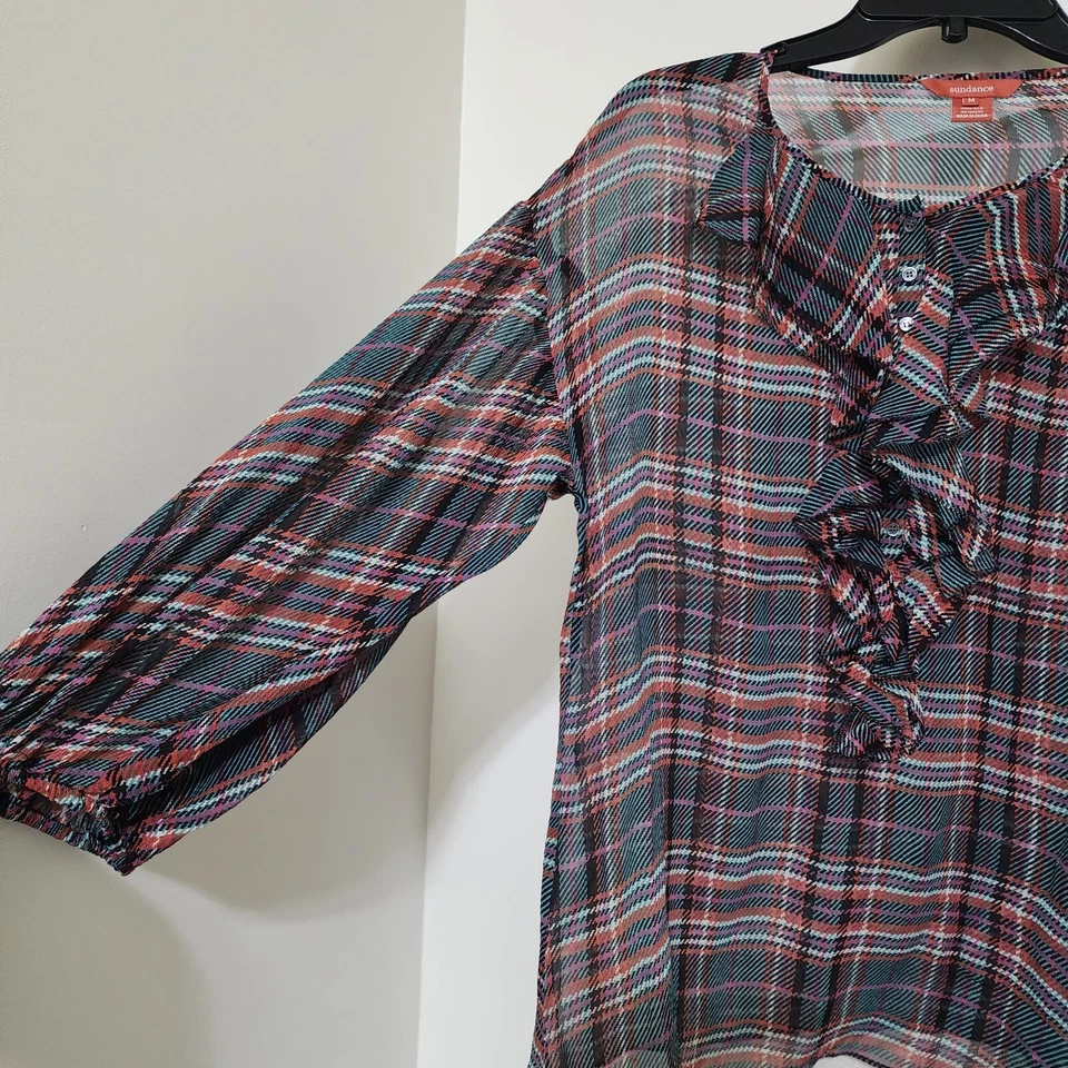 Blusa occidental verde SUNDANCE talla mediana 100 % seda tartán a cuadros volantes transparentes Foto 4 de 4