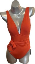 Vince Camuto One Piece Swimsuit Size 10 Tangerine Orange Plunge Tie Waist NEW