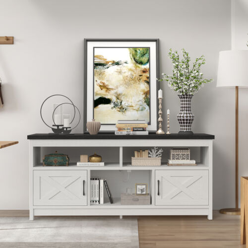 59" Farmhouse Coffee Bar Cabinet Sideboard Buffet with Power Outlets Barn Door