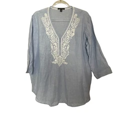 Saks Fifth Avenue Tunic 3/4 Sleeve Linen Embroidered Neckline Size M
