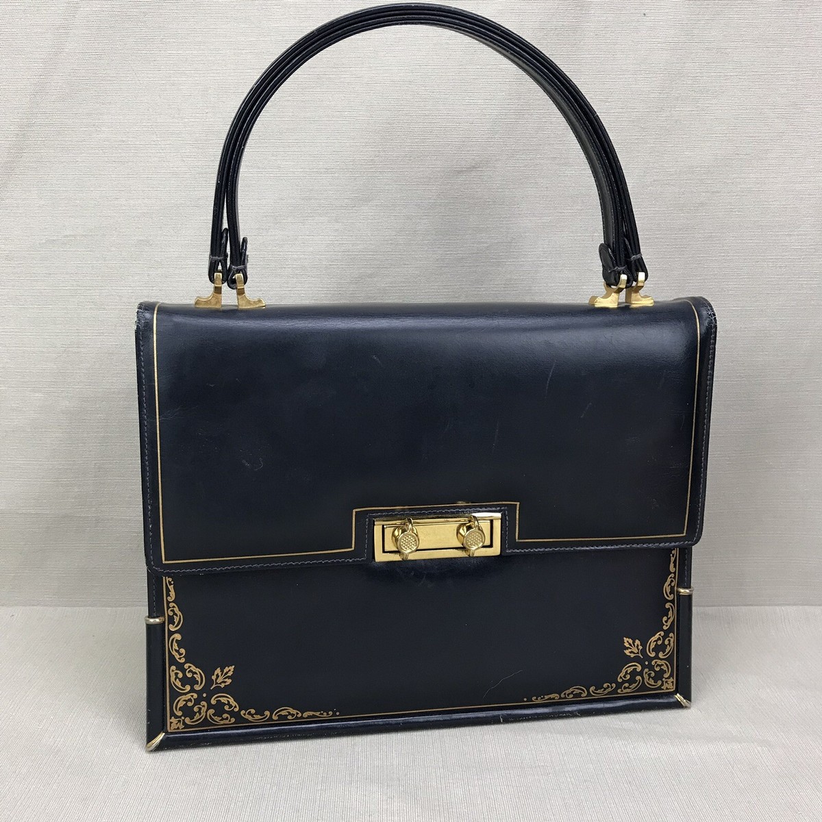 Scuola del Cuoio Vintage 1950s Purse Blue Gold Embossed Italy Hand