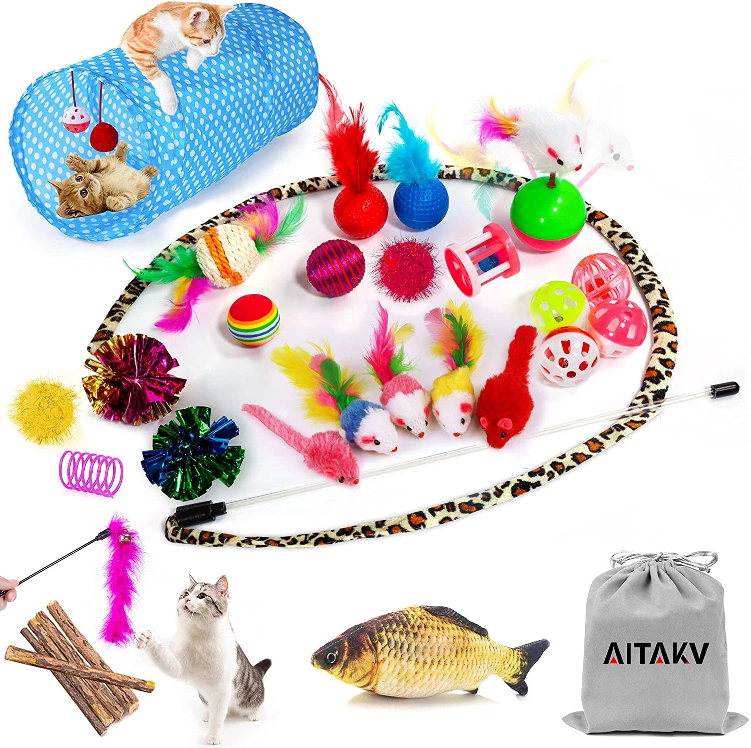 35 PCS Cat Toys Assortment, Including Tunnel, Feather Teaser, Catnip Fish, Mice,