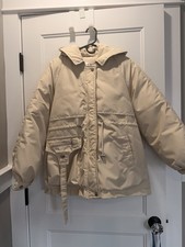 Cream Hooded Faux Fur Lined Parka Jacket Women s L Cozy Winter NEW