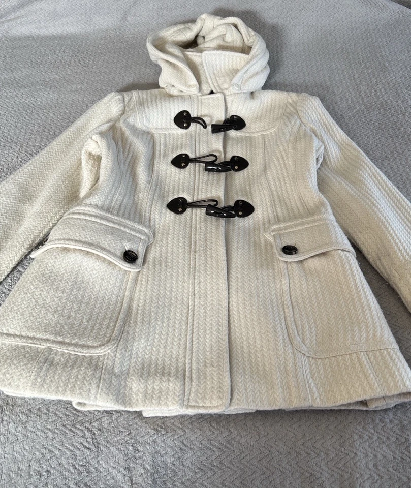 Guess Cream Knit Hooded Fall Coat Brown Toggle Cozy Vintage Style Size M - Image 2 of 4