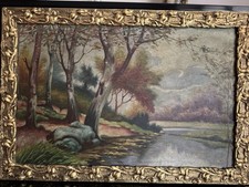 Quadro antico, olio su tela con motivo decorativo dorato, anni '50