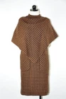 60s Vintage Brown Black Houndstooth Wool Tweed Short Sleeve Sheath Dress Women M